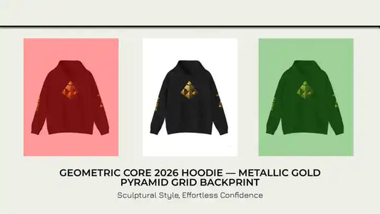 Geometric Core 2026 Hoodie — Metallic Gold Pyramid Grid Backprint by@Outfy
