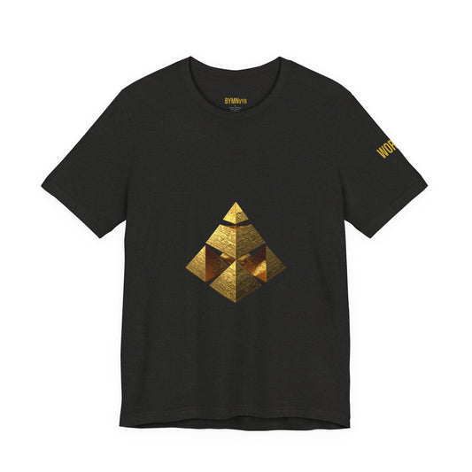 Geometric Gold Pyramid Tee — Abstract Grid Back T‑Shirt